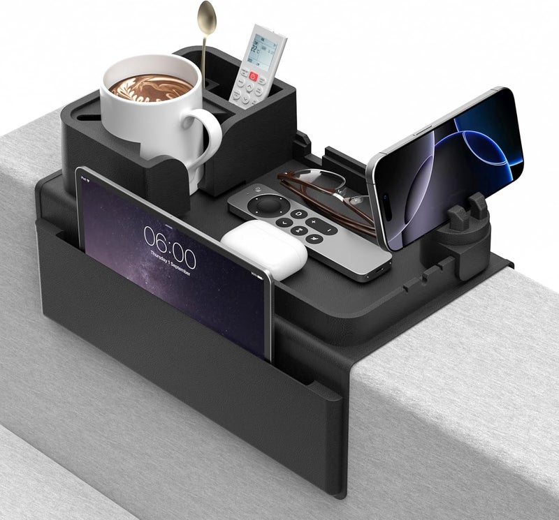 CLESOO Couch Arm Cup Holder Couch Arm Tray Anti-Slip Couch Cup Holder Silicone Sofa Armrest Tray Dual Side Pocket Couch Drink Holder Sofa Caddy Arm Remote Holder Snack Caddy with Phone Holder Black - Image 1